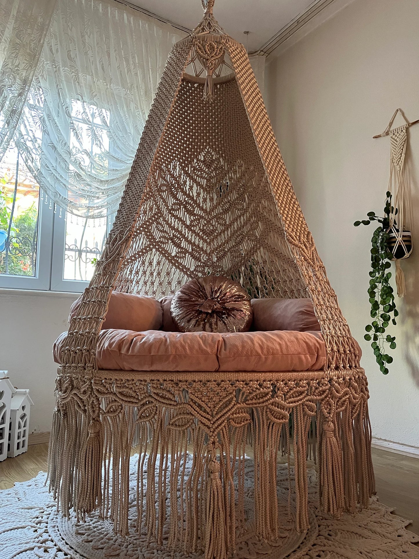 Relax in Elegance with Our 40-Inch Beige and Light Pink Boho Swing