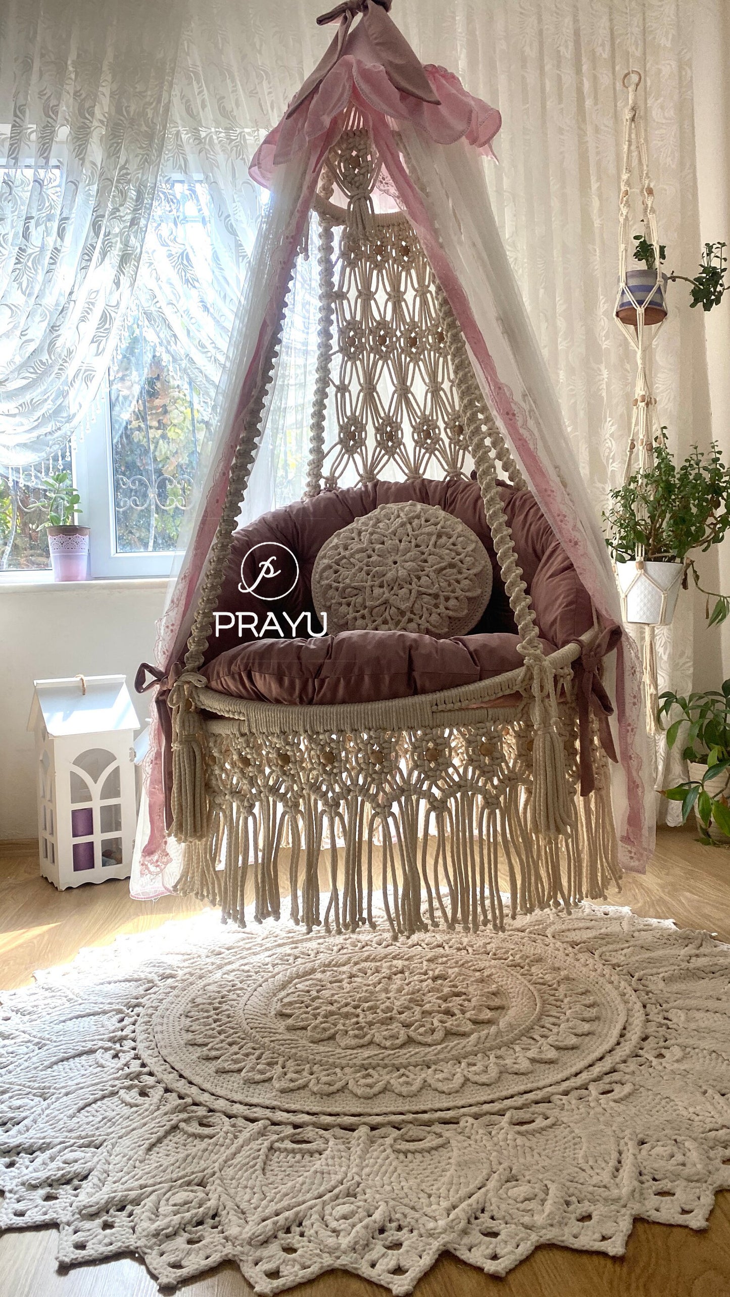 Soft, Serene, Spacious "40-Inch" Cream and Pink Boho Swing Chair