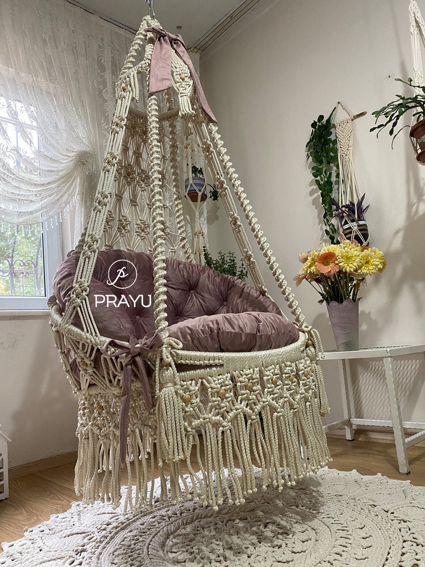 Soft, Serene, Spacious "40-Inch" Cream and Pink Boho Swing Chair