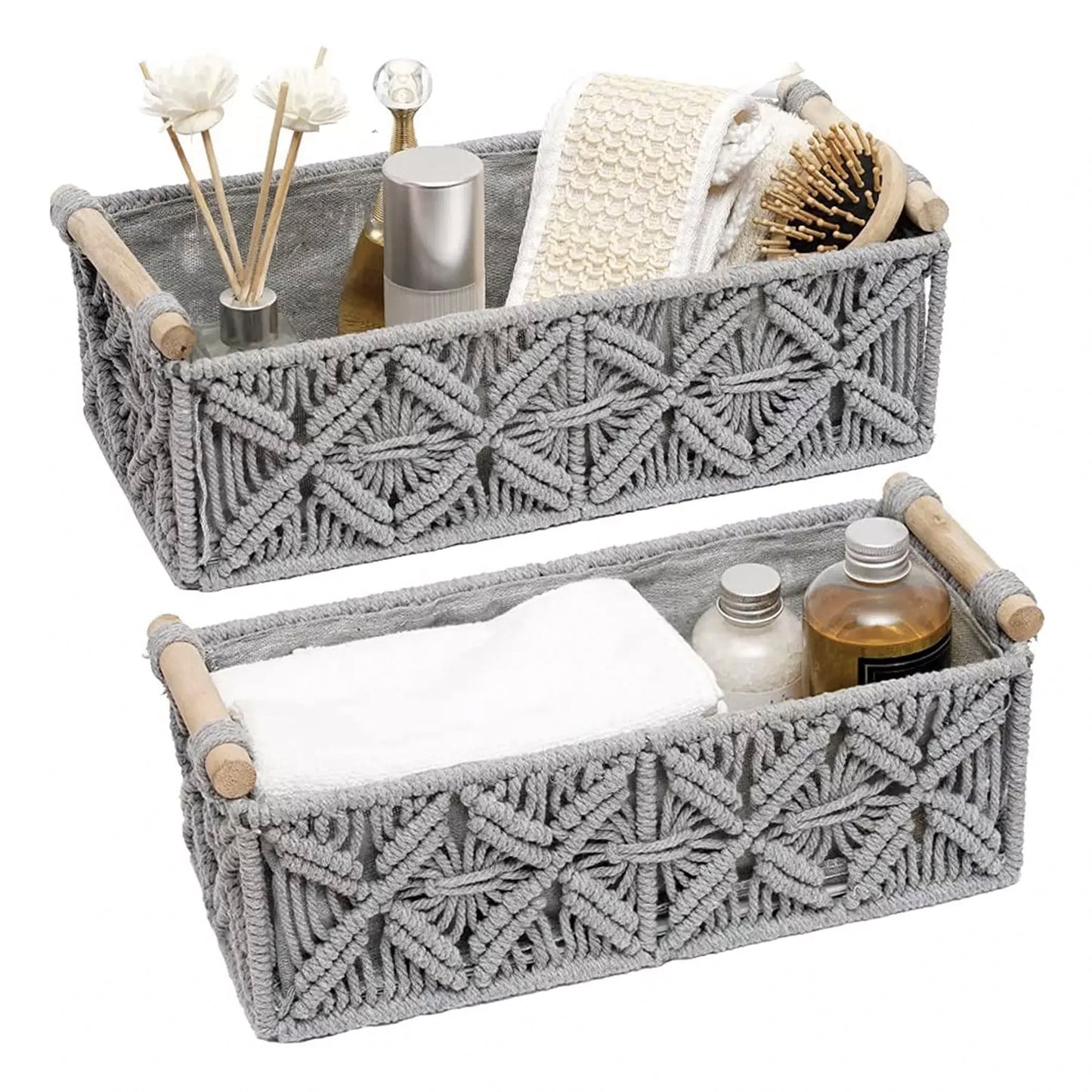 Set of 2 Macrame Shelf Baskets-Grey