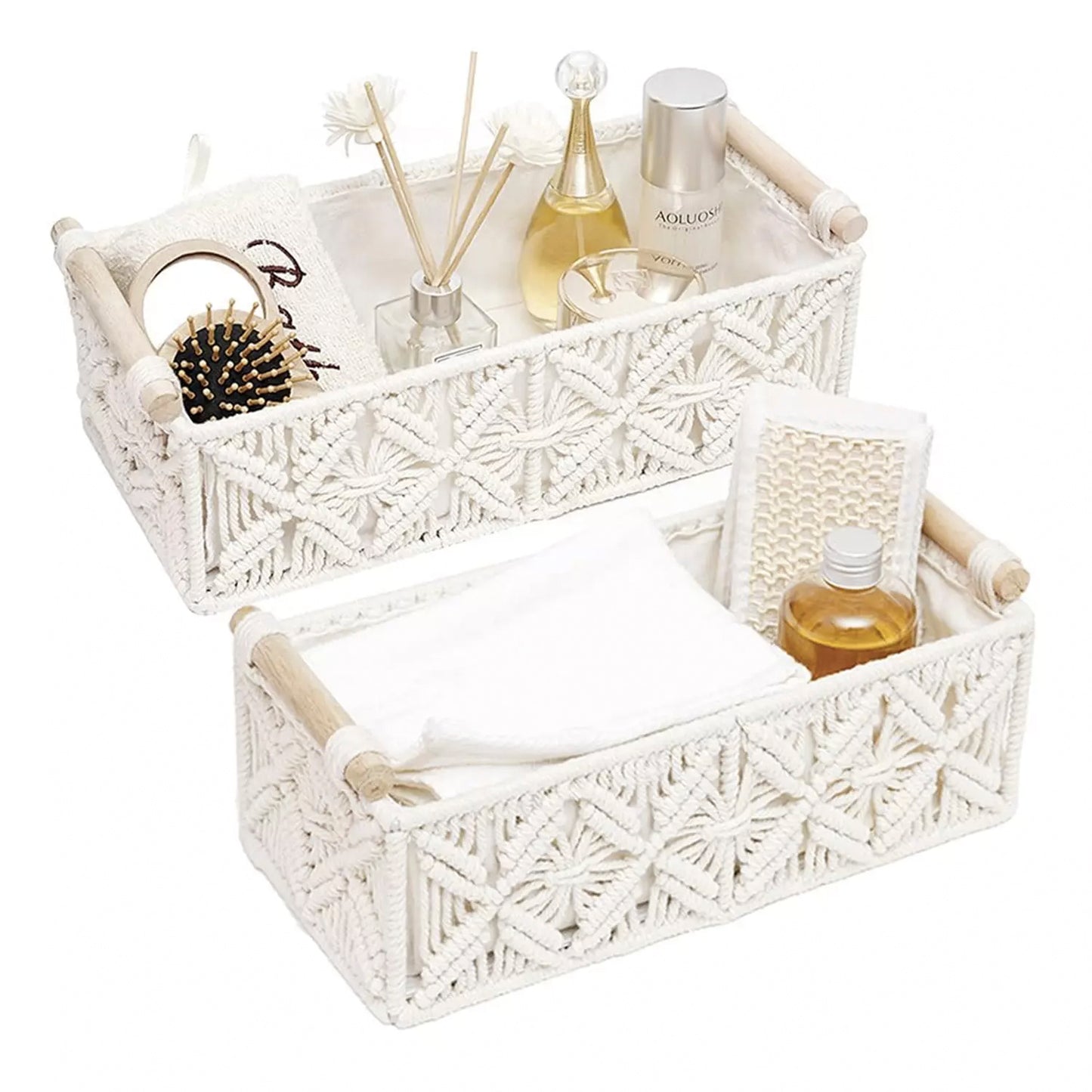 Set of 2 Macrame Shelf Baskets-Off-White