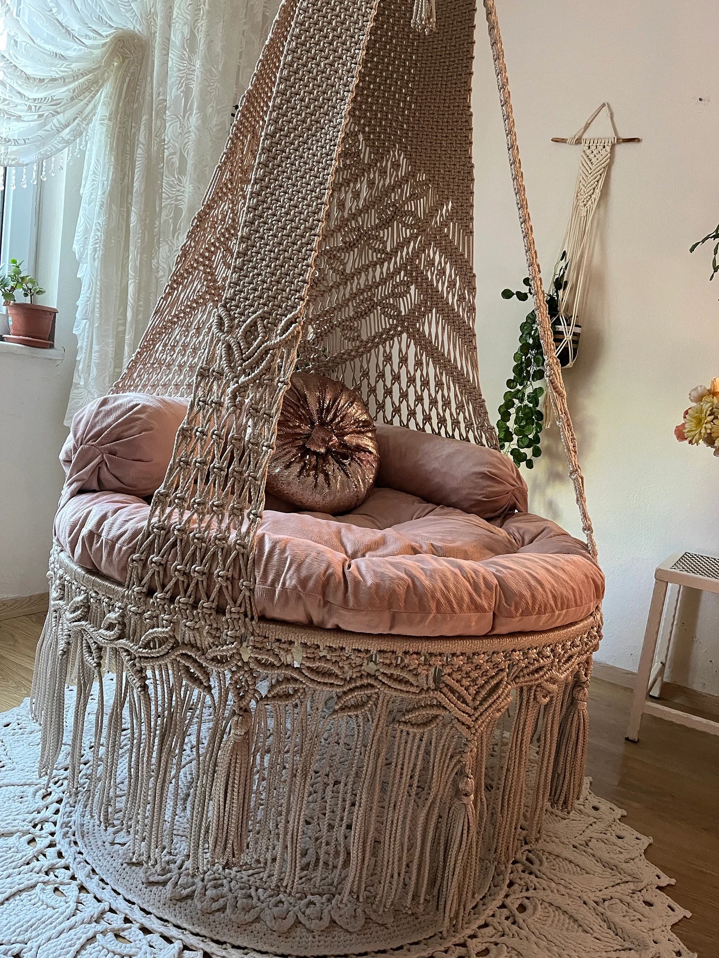 Relax in Elegance with Our 40-Inch Beige and Light Pink Boho Swing