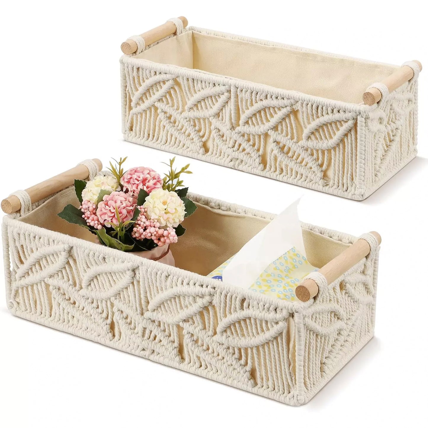 Luxurious Set of 2 Handmade Macrame Decorative Shelf Storage Baskets