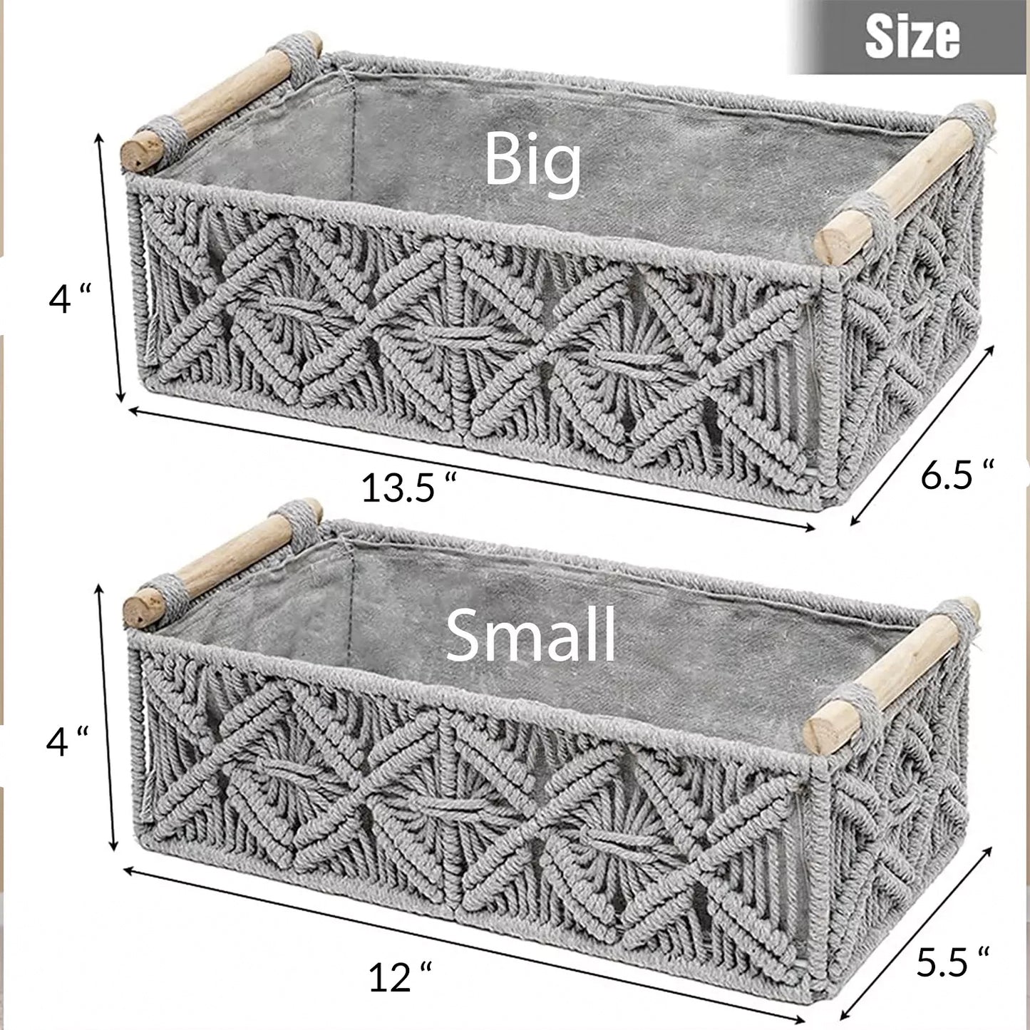 Set of 2 Macrame Shelf Baskets-Grey