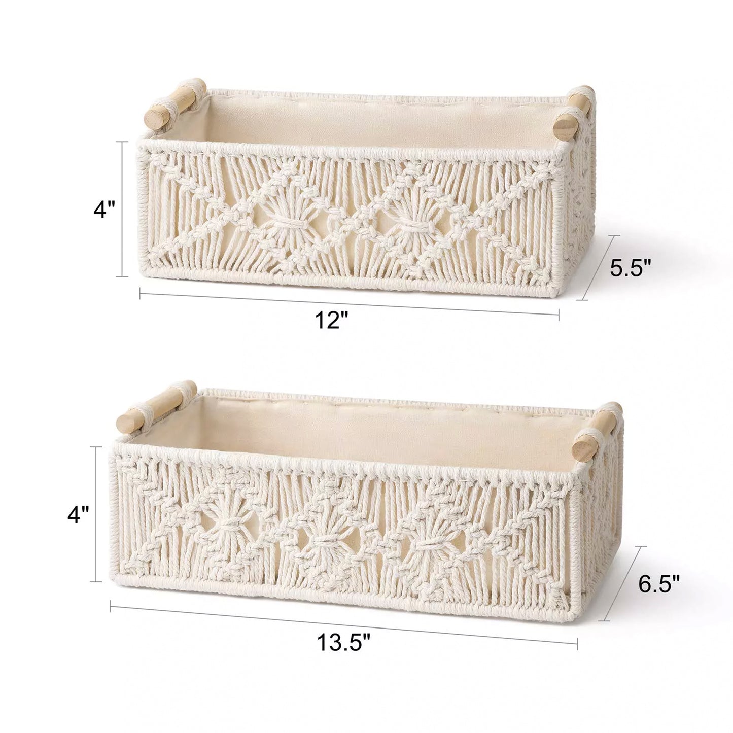 Handmade Set of 2 Macrame Storage Baskets – Off White
