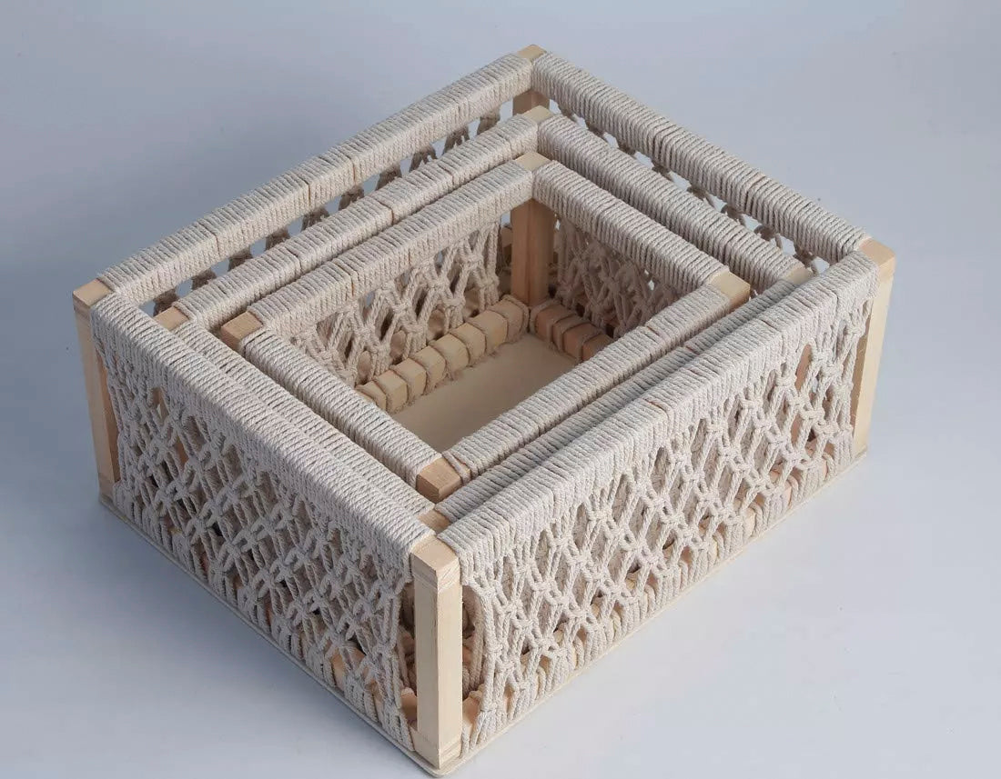 Set of 3 Wooden Macrame Decorative Storage Baskets