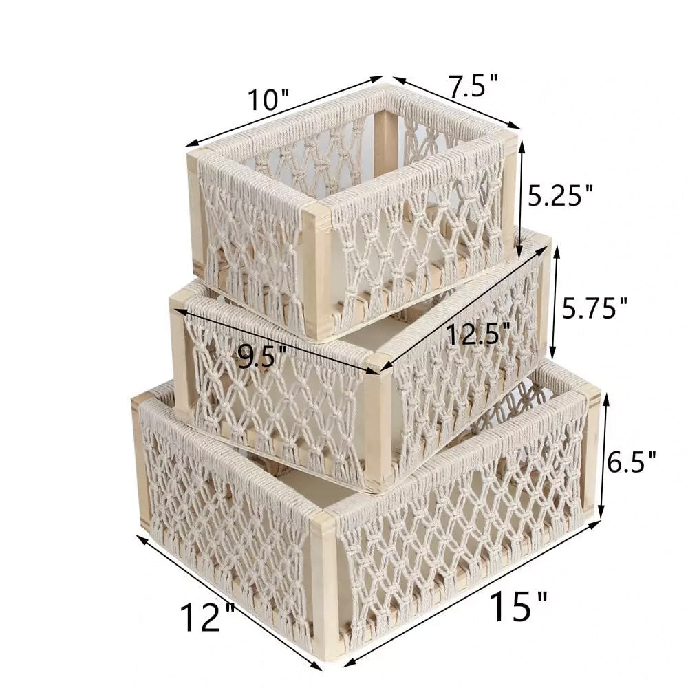 Set of 3 Wooden Macrame Decorative Storage Baskets