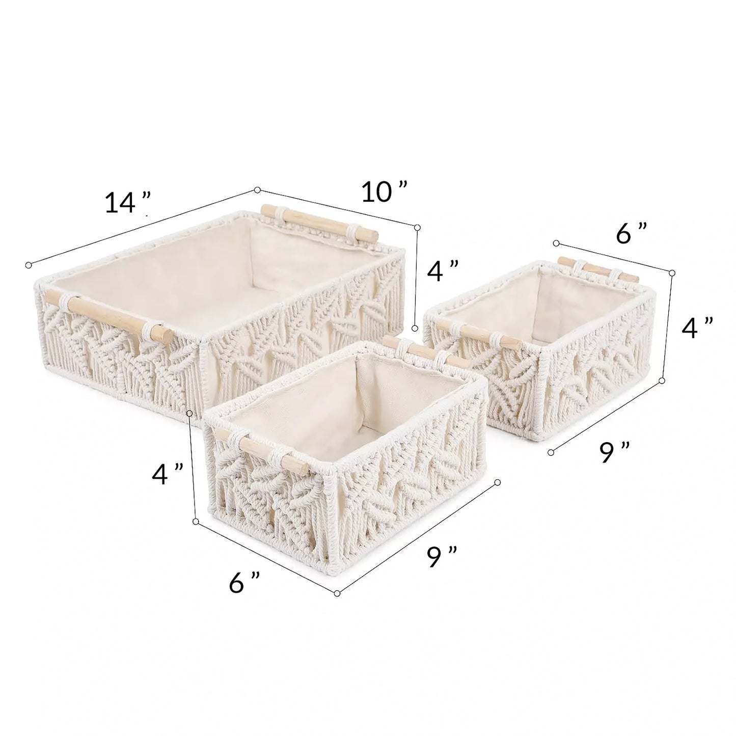 Set of 3 Macrame Luxurious Gift Baskets with Wood Handles