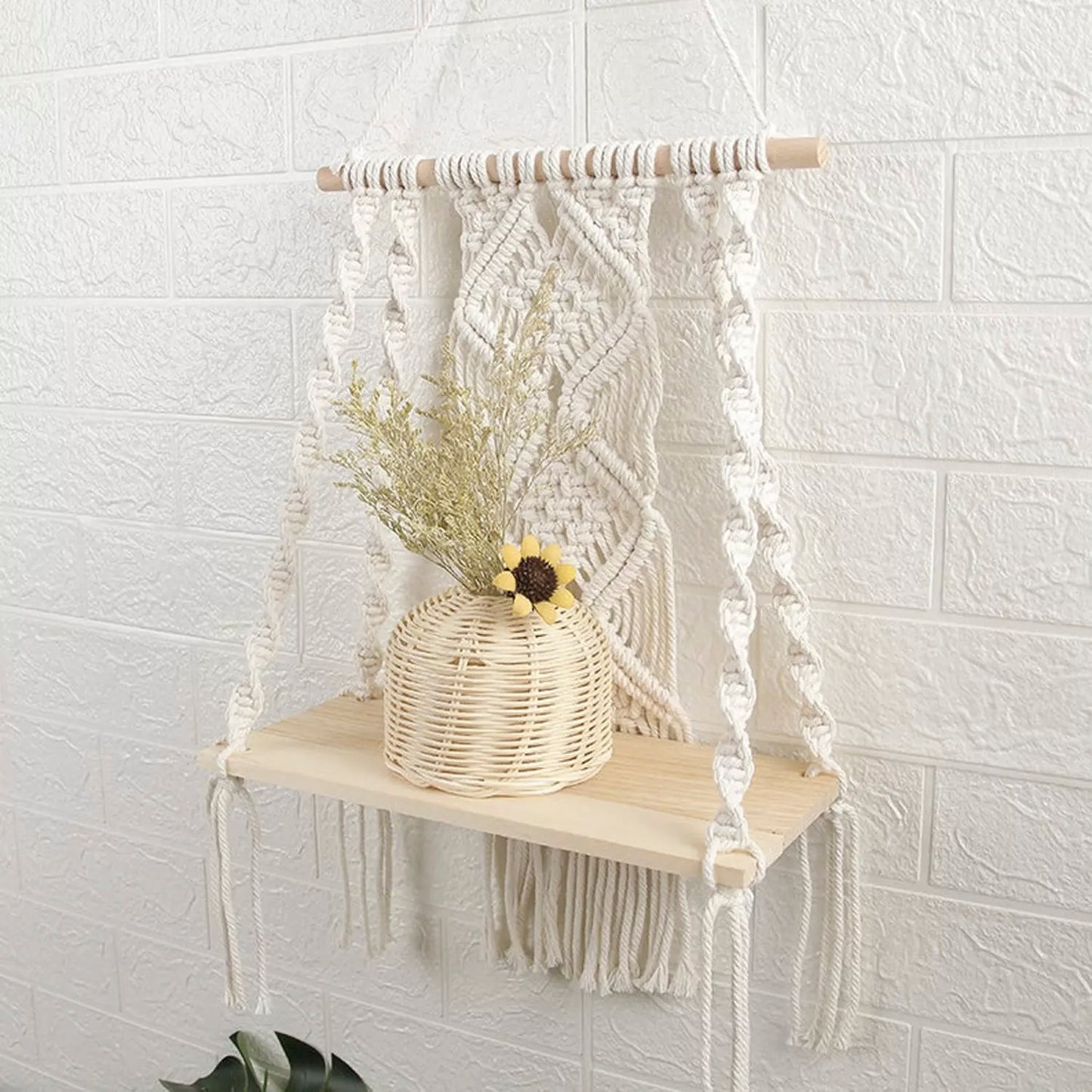 Handmade Macrame Wall Hanging Shelf Planter in Off White