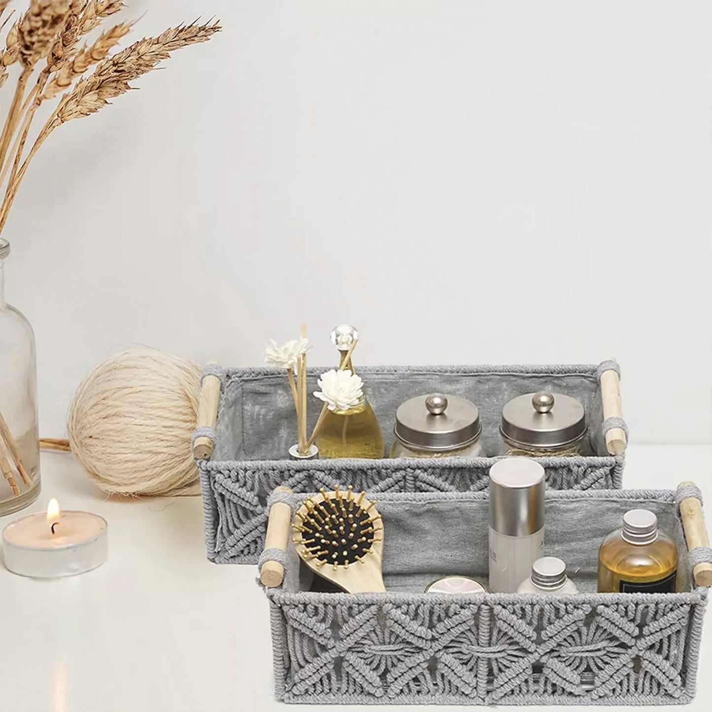 Set of 2 Macrame Shelf Baskets-Grey