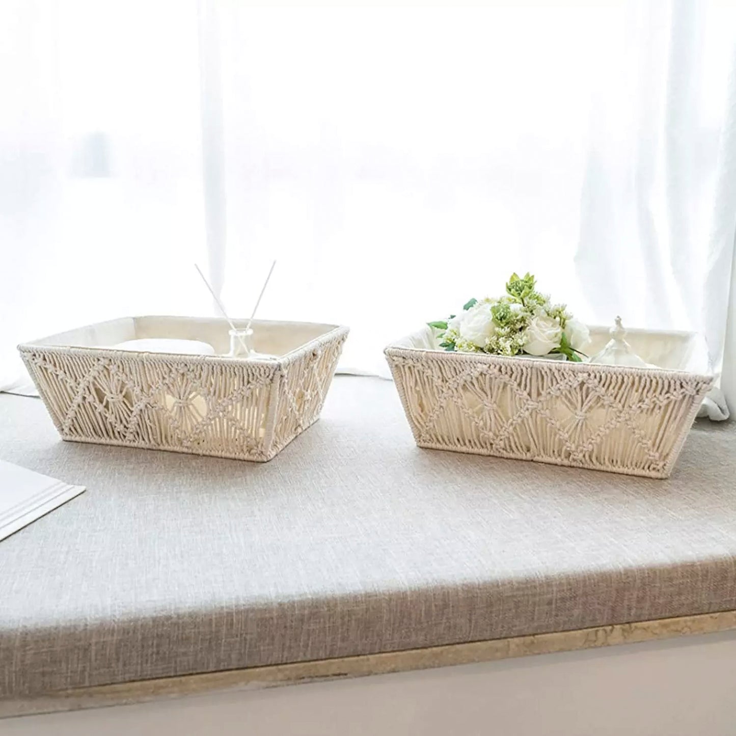 Handmade Set of 2 Macrame Storage Baskets – Off-white