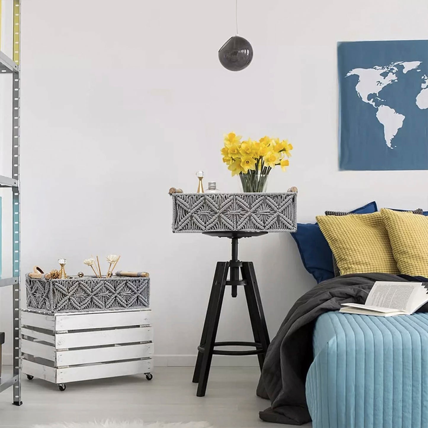Set of 2 Macrame Shelf Baskets-Grey