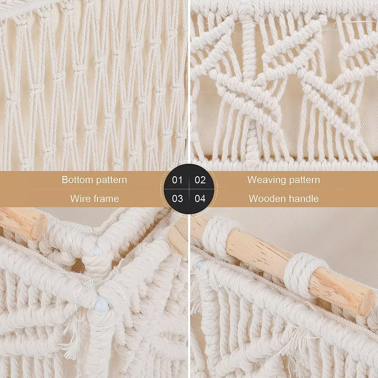 Set of 3 Macrame Luxurious Gift Baskets with Wood Handles