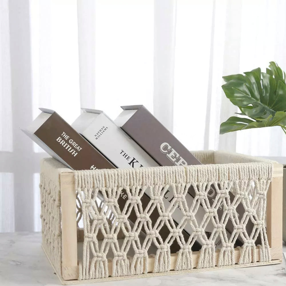 Set of 3 Wooden Macrame Decorative Storage Baskets