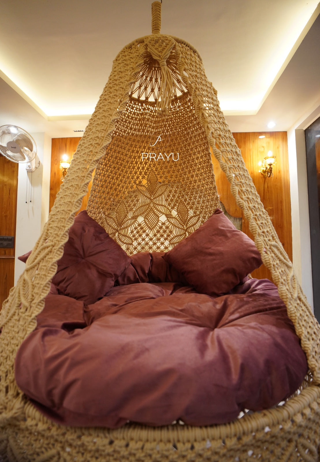 Golden Glow & Fiery Red: Handcrafted Macrame Swing by Prayu