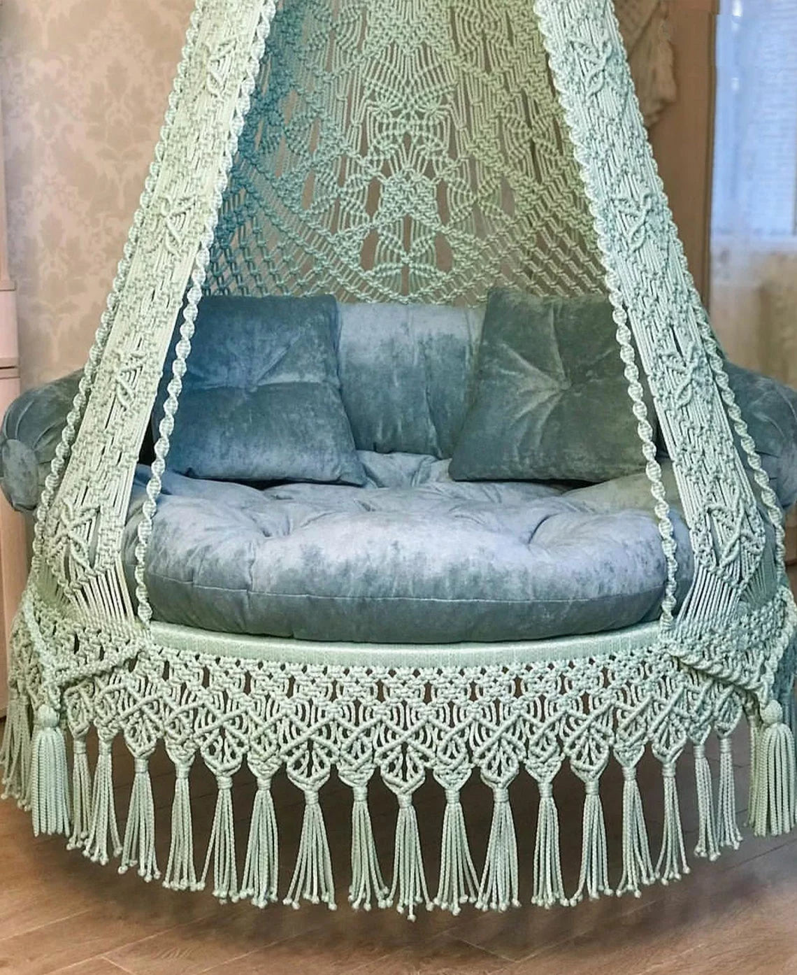 Enchanting Macrame Swing Jhula in Refreshing Pista Green & Soft White by Prayu