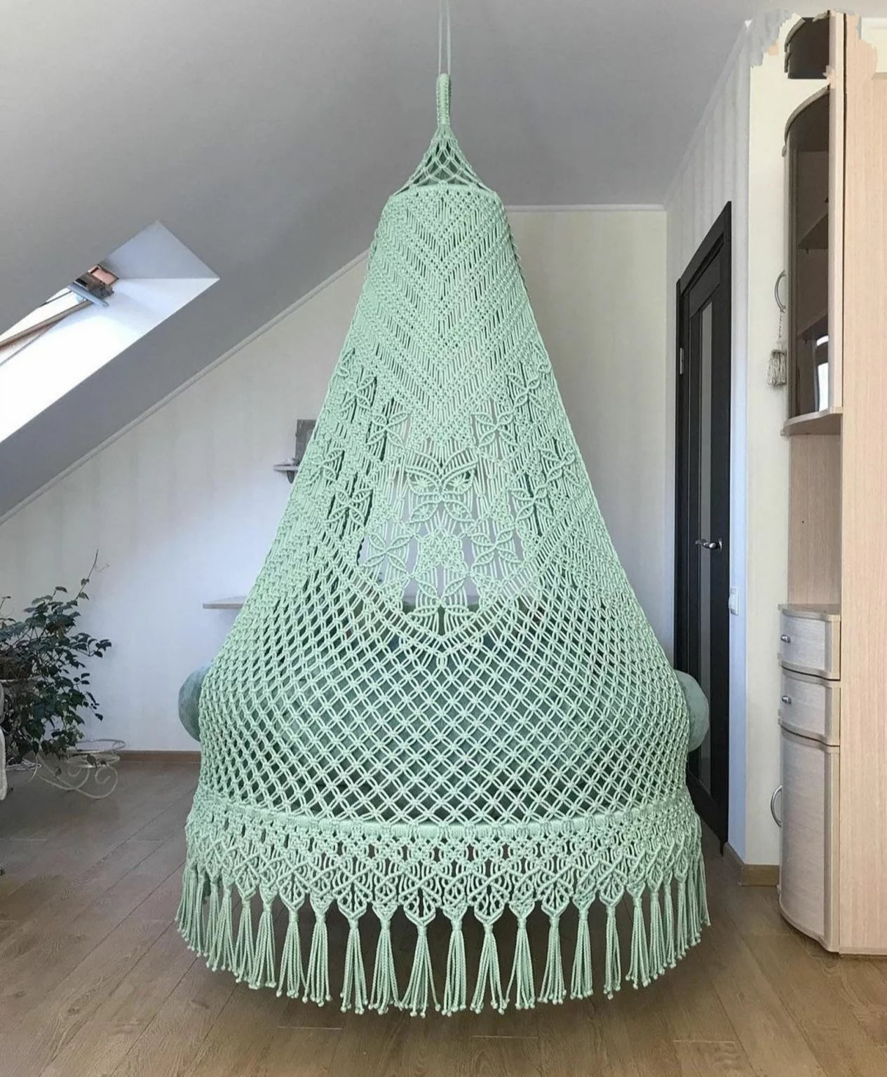 Enchanting Macrame Swing Jhula in Refreshing Pista Green & Soft White by Prayu