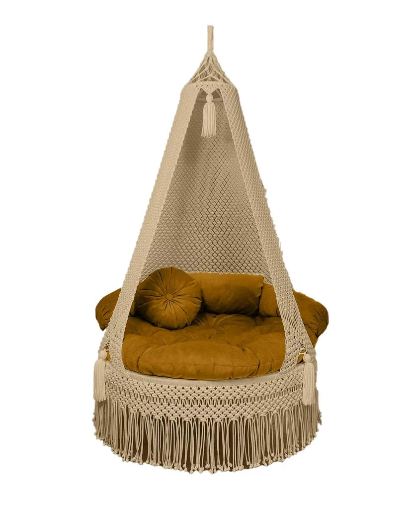 Boho Bliss: Beige Macrame Outdoor Swing Chair by Prayu