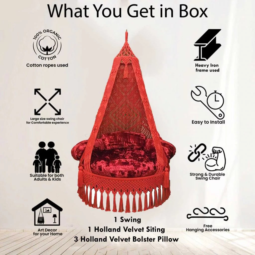 Fiery Elegance: Red Macrame Swing to Add Bold Charm to Your Space