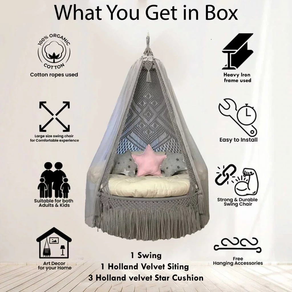 Starlit Serenity: Macrame Swing, Star Cushions, and Curtains for a Dreamy Escape