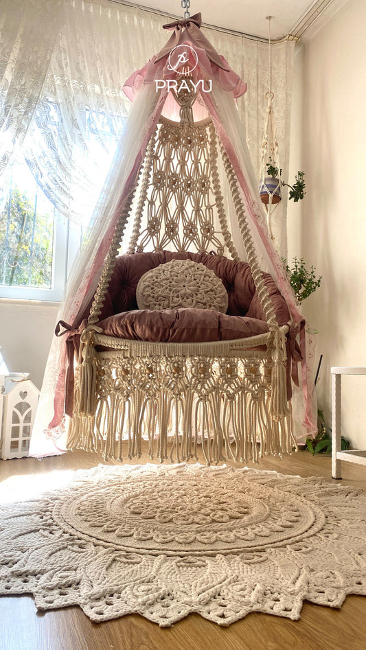 Soft, Serene, Spacious  "40-Inch" Cream and Pink Boho Swing Chair