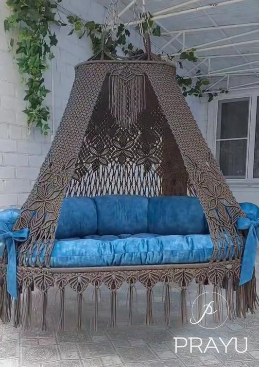 💙 Elevate in Style – The 70-Inch Dark Grey & Sky Blue Boho Swing