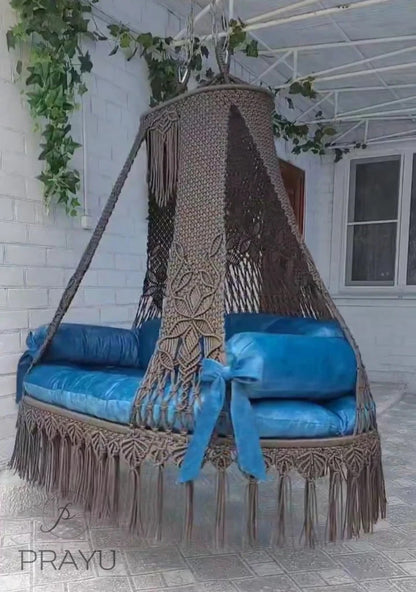 💙 Elevate in Style – The 70-Inch Dark Grey & Sky Blue Boho Swing
