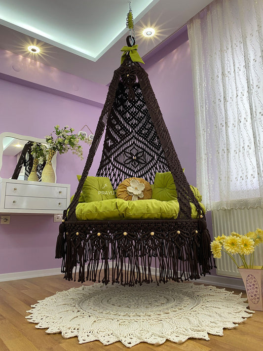 Chocolate Brown and Green Macrame Swing Chair for Timeless Charm