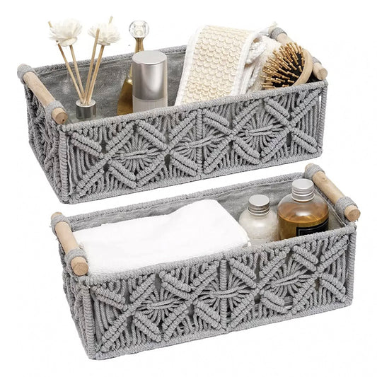 Set of 2 Macrame Shelf Baskets-Grey