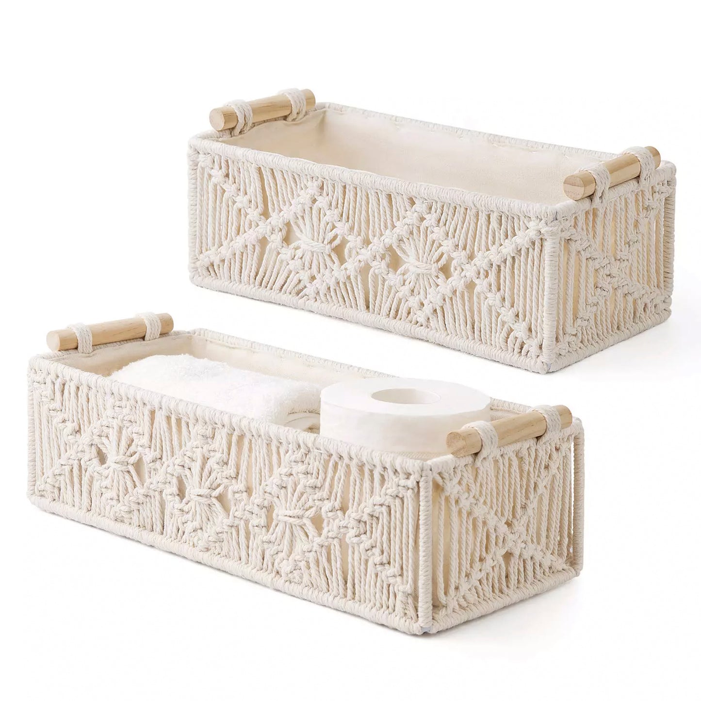 Handmade Set of 2 Macrame Storage Baskets  – Off White