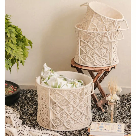 Round Set of 3 Macrame Boho Laundry Baskets with Handles