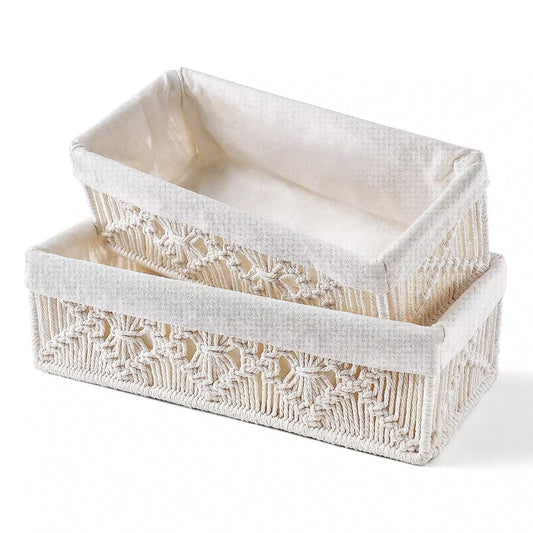 Set of 2 Macrame Toilet Baskets with Removable Linen