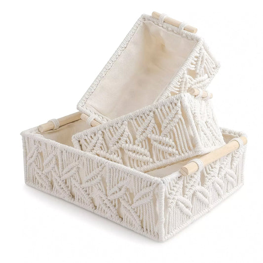 Set of 3 Macrame Luxurious Gift Baskets with Wood Handles