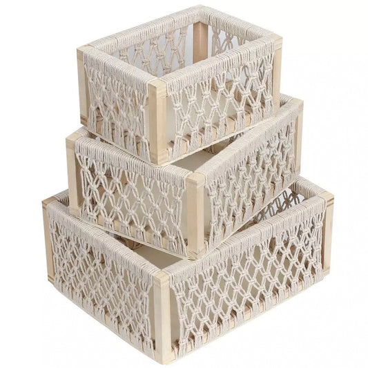 Set of 3 Wooden Macrame Decorative Storage Baskets