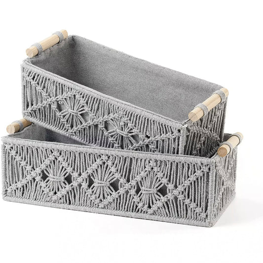 Handmade Set of 2 Macrame Storage Baskets  – Grey
