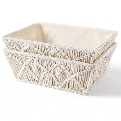 Handmade Set of 2 Macrame Storage Baskets – Off-white