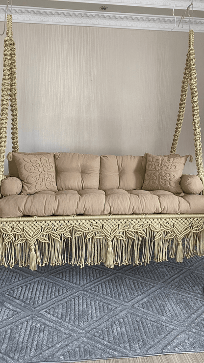 💛 Crown Your Space with Luxe Comfort – The 70-Inch Cream & Golden Royal Boho Sofa