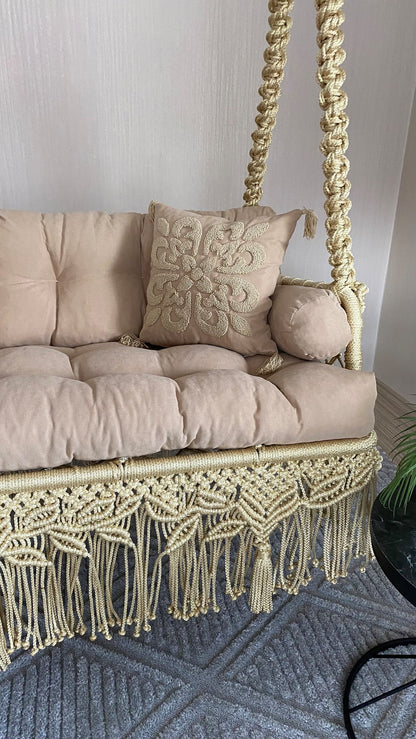 💛 Crown Your Space with Luxe Comfort – The 70-Inch Cream & Golden Royal Boho Sofa