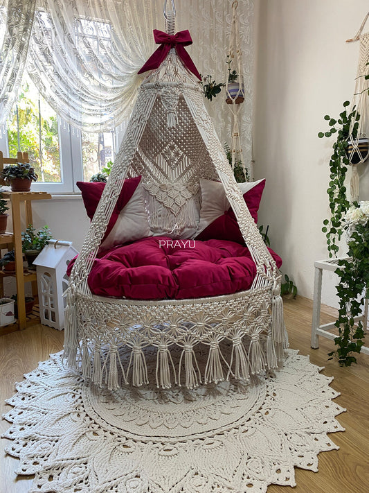 Lounge in Luxe with Our 50-Inch Sangria Red and Silver Boho Swing