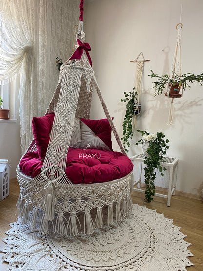Lounge in Luxe with Our 50-Inch Sangria Red and Silver Boho Swing