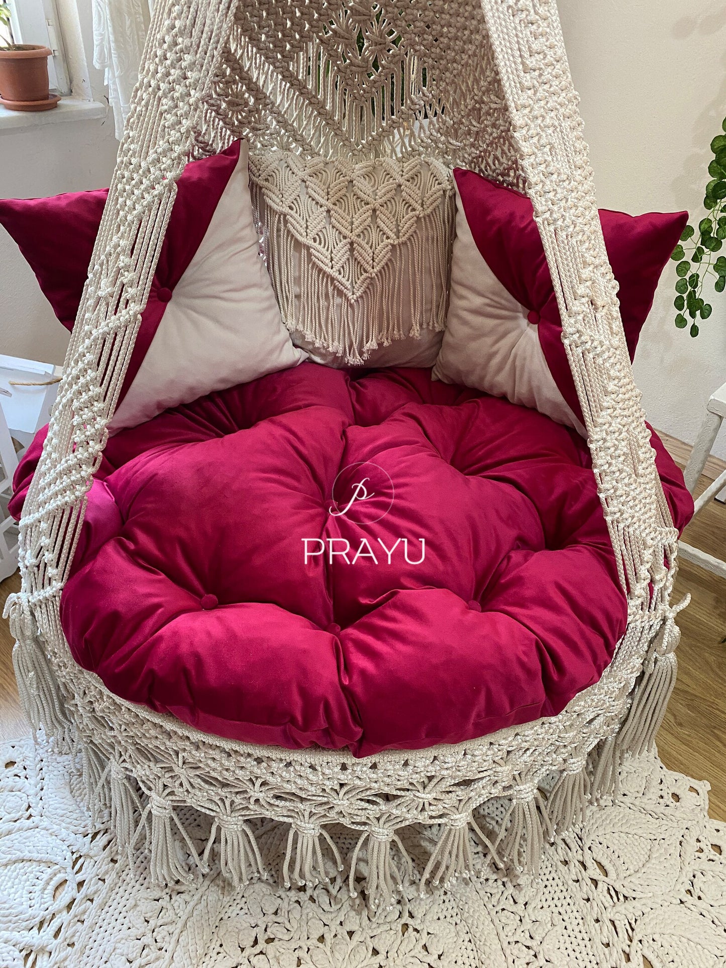 Lounge in Luxe with Our 50-Inch Sangria Red and Silver Boho Swing