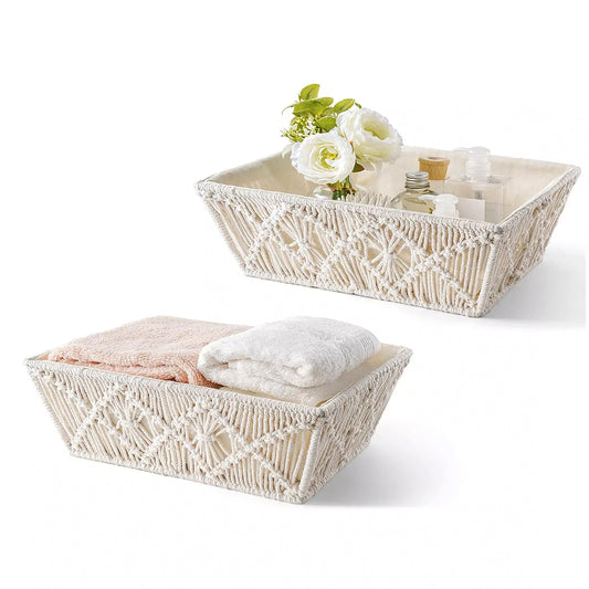 Handmade Set of 2 Macrame Storage Baskets – Off-white