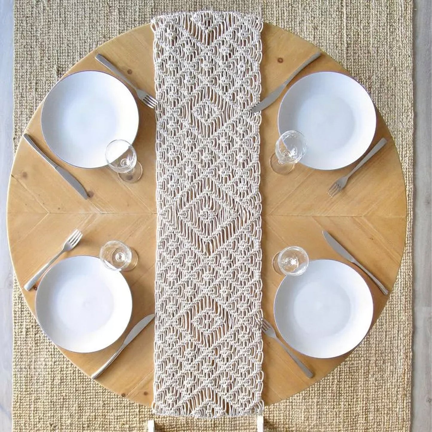 Handmade Macrame Cotton Table Runner with Triangle Edge-14×78″