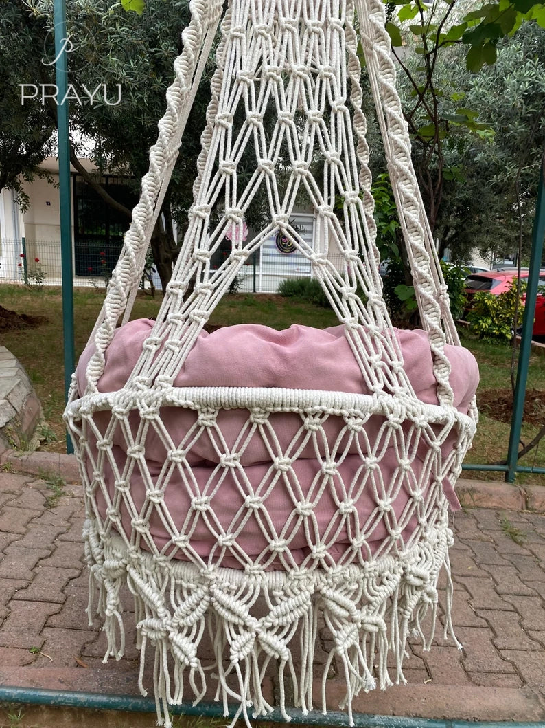 🌷 Sweet Whispers – 40-Inch Natural White & Blush Pink Macrame Swing