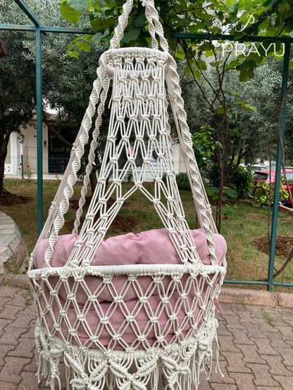 🌷 Sweet Whispers – 40-Inch Natural White & Blush Pink Macrame Swing