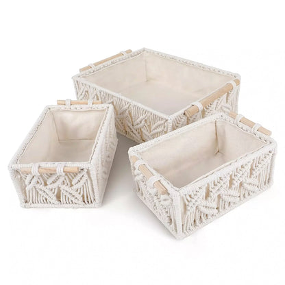Set of 3 Macrame Luxurious Gift Baskets with Wood Handles