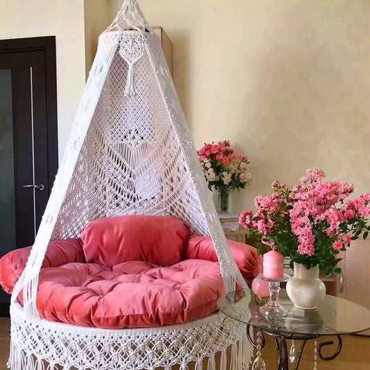 Pretty in Pink: Handcrafted White & Pink Macrame Swing by Prayu