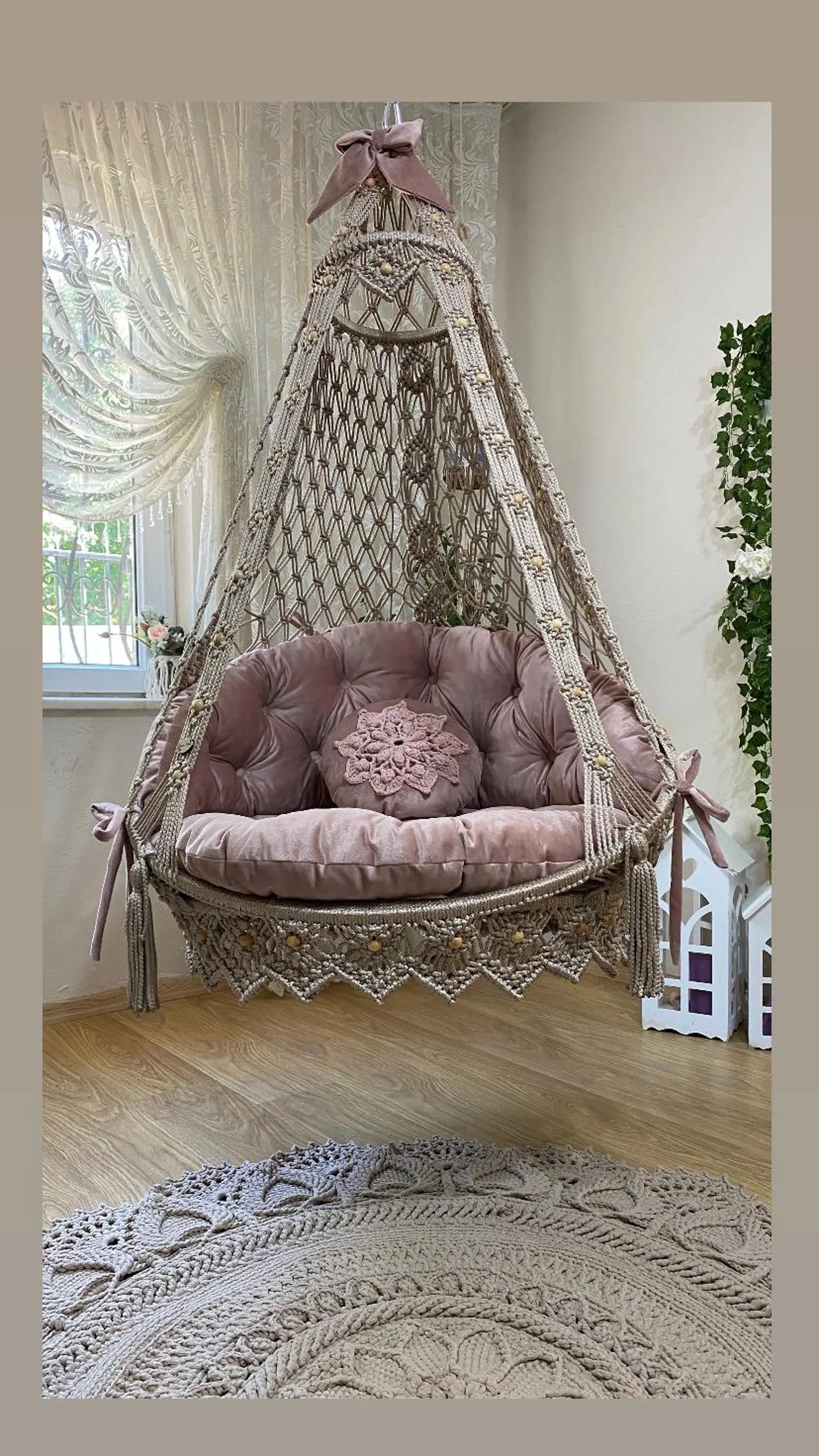 Chic Comfort Awaits with Our Pine Green and Light Pink Macrame Swing