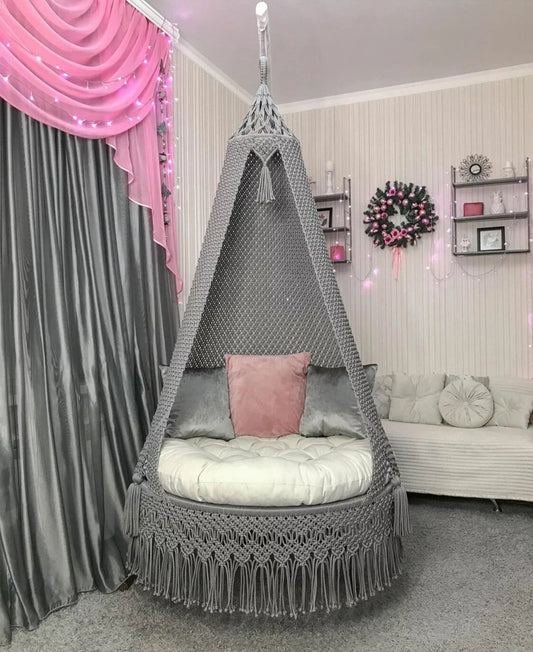 Handcrafted Macrame Swing Jhula in Elegant Grey & White by Prayu