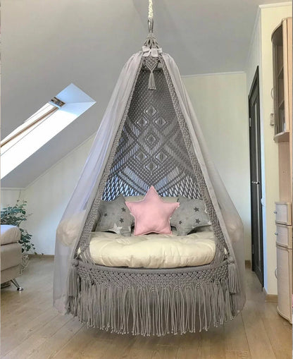 Starlit Serenity: Macrame Swing, Star Cushions, and Curtains for a Dreamy Escape